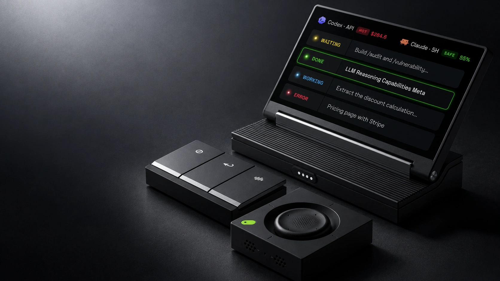 SlashVibe agent display, action keys and voice joystick on a dark studio background.