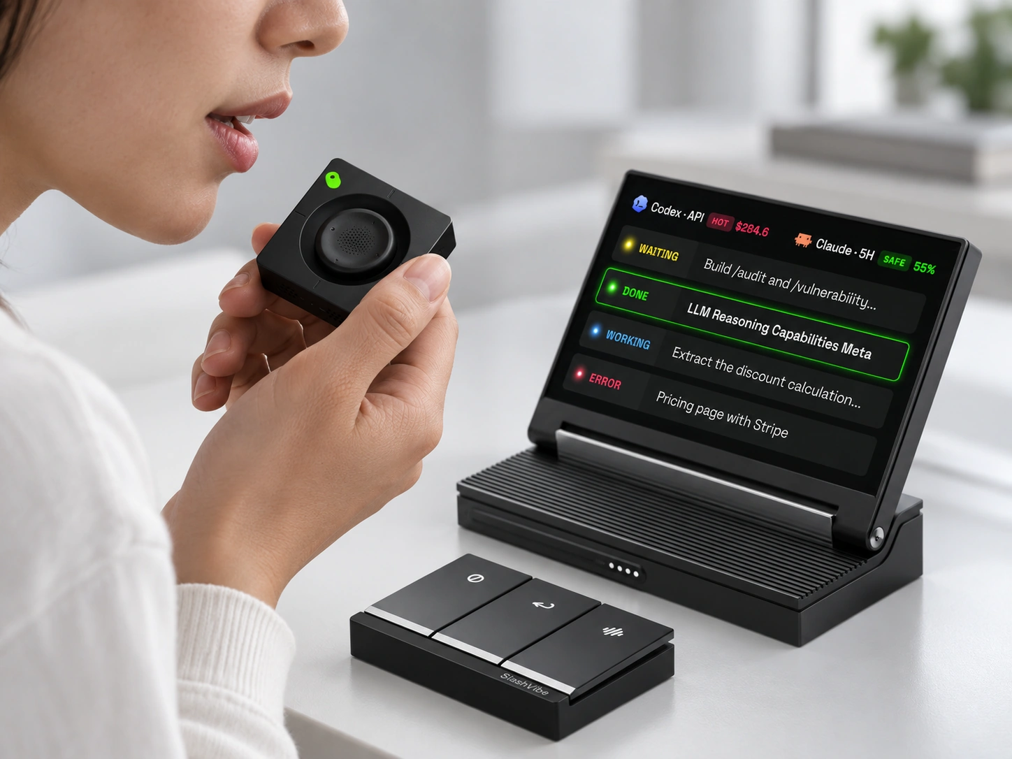 A person holding the SlashVibe voice module near their mouth beside the session display.
