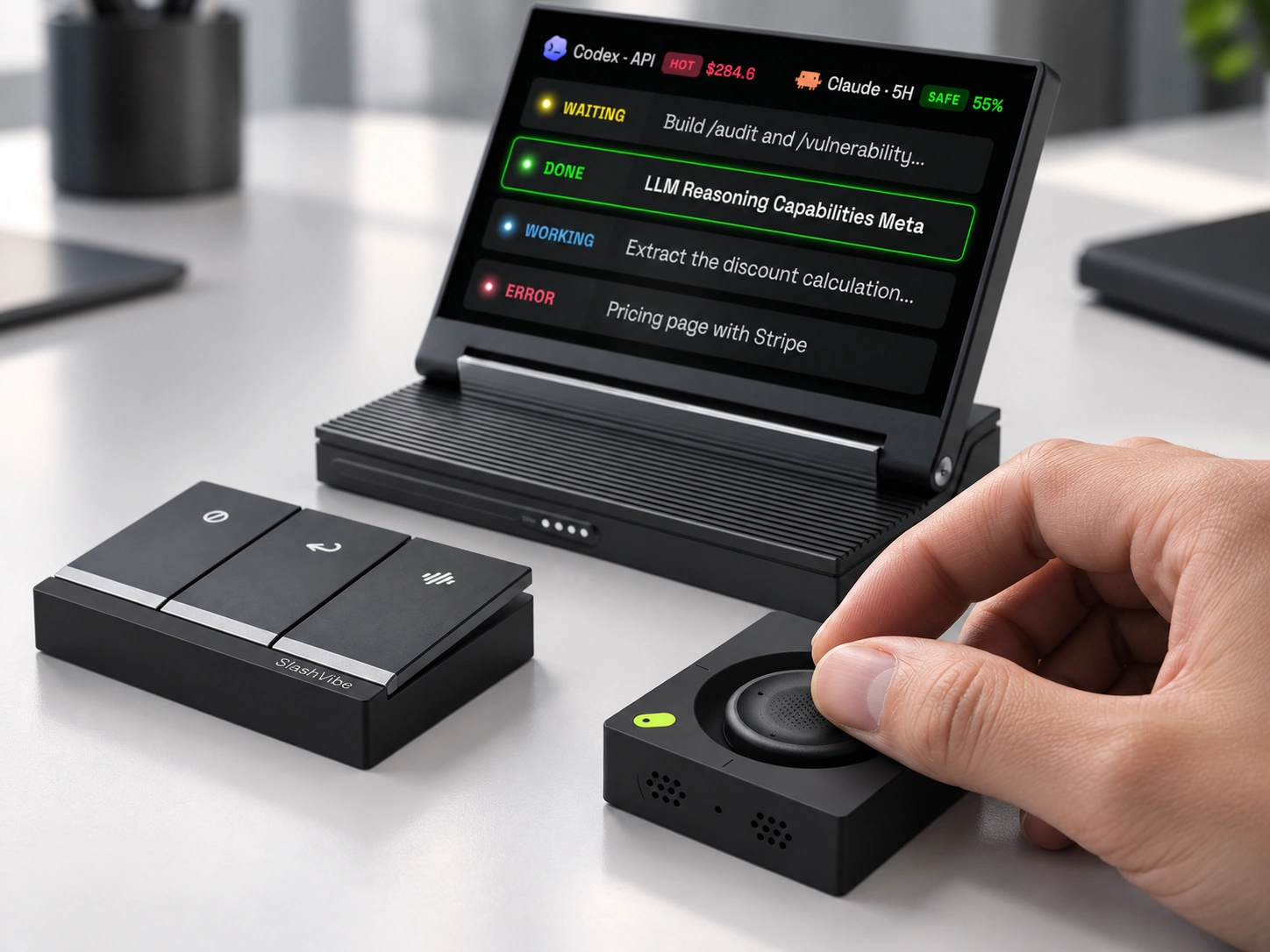 A thumb operating the SlashVibe joystick beside the display.