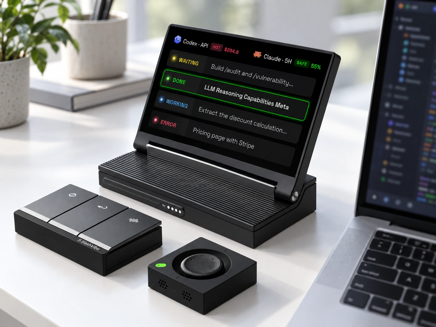 SlashVibe session display and controller on a desk beside a computer.