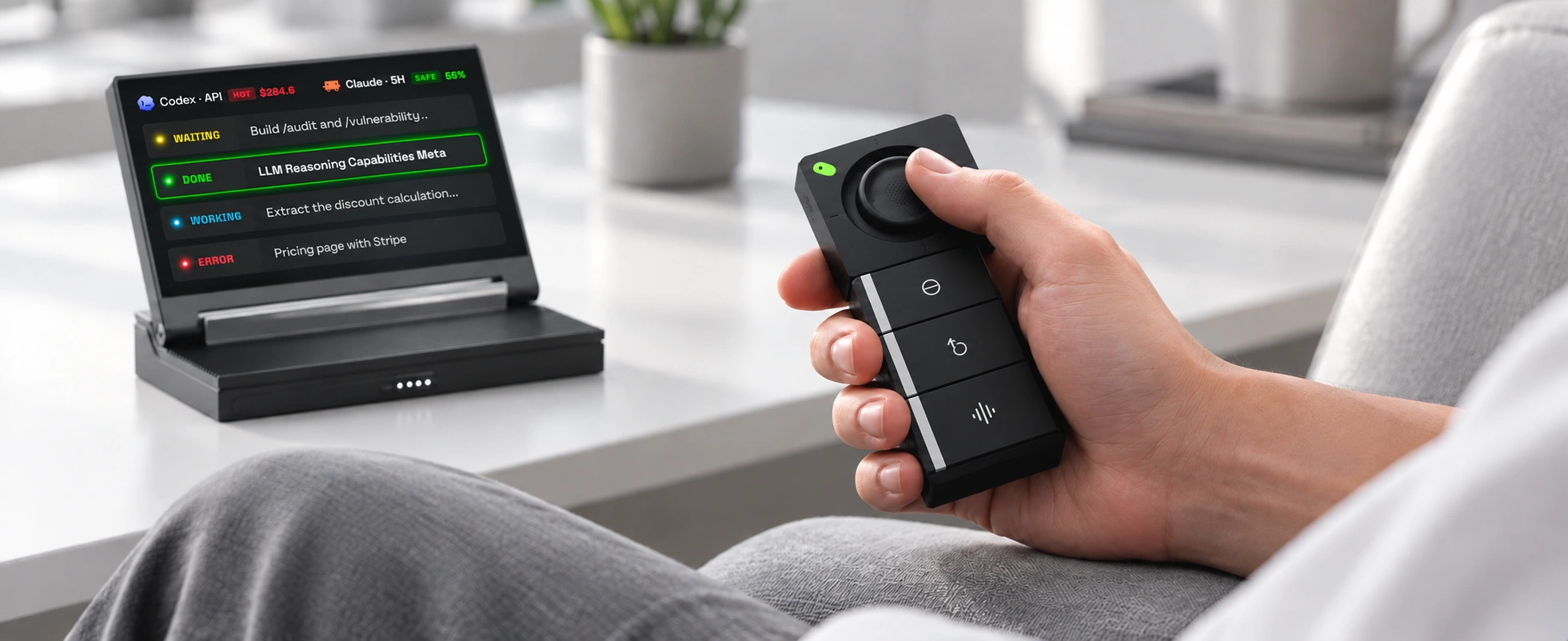 A relaxed seated user holding the black SlashVibe controller with corrected action key symbols.