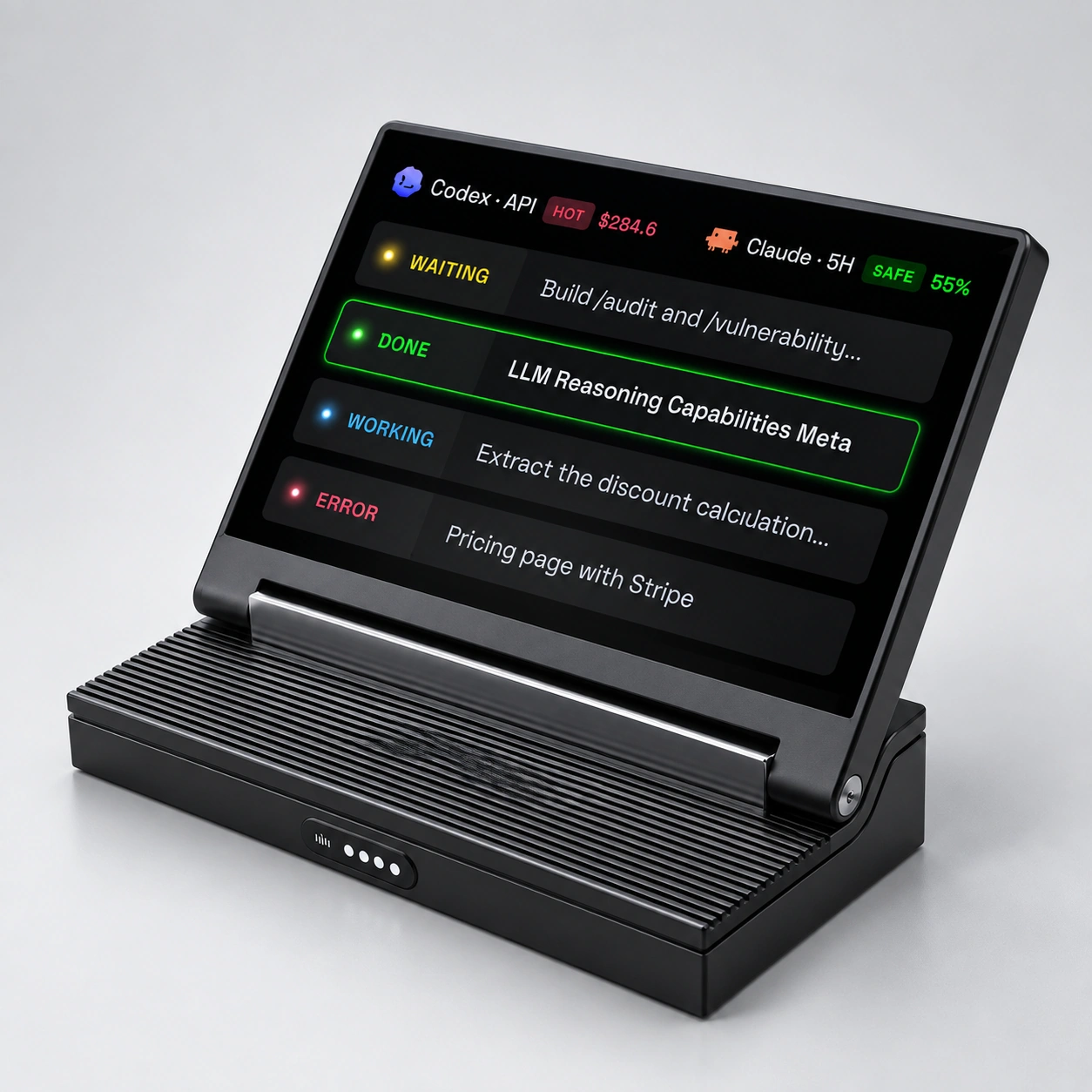 Close-up of the black SlashVibe agent display and textured base.