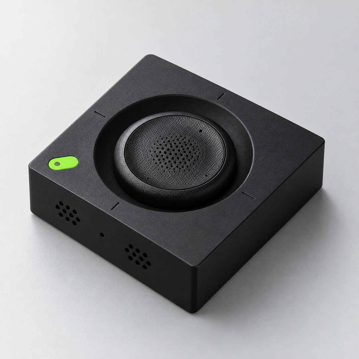 Close-up of the black SlashVibe joystick and voice input module.